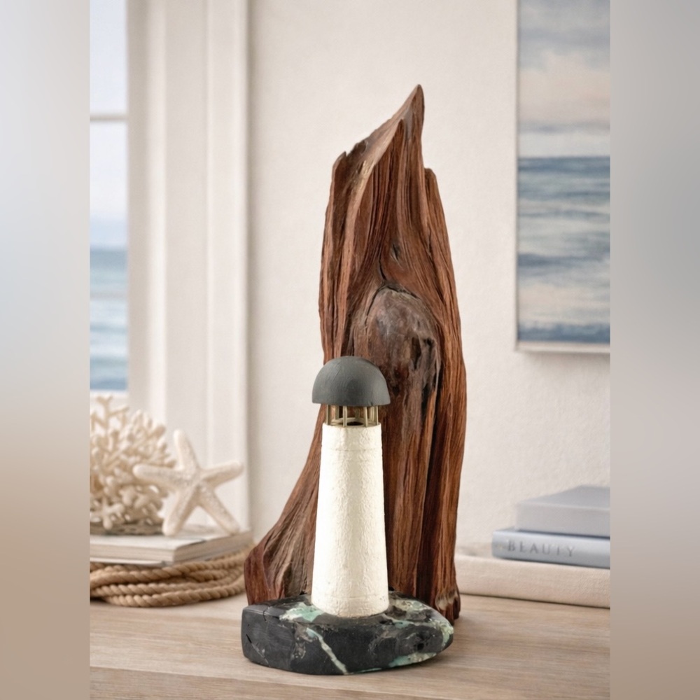 Signed Ross Driftwood Lighthouse Sculpture Stone Base Coastal Folk Art